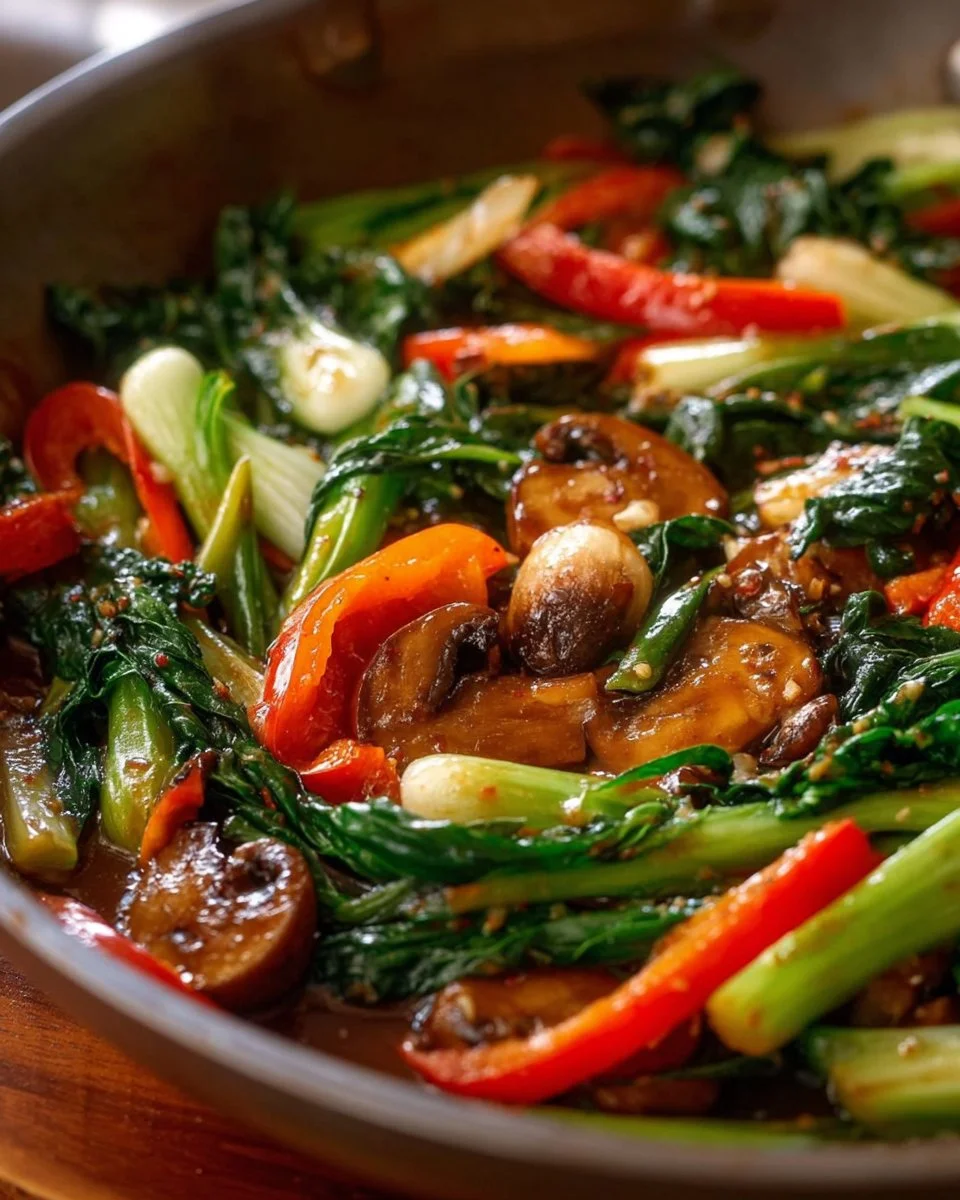 Bowl of colorful saucy vegetable stir fry with fresh ingredients and vibrant colors