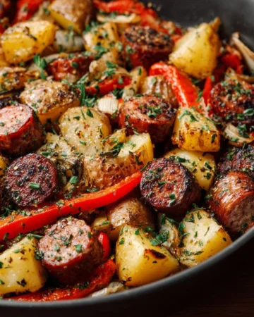 Delicious Sausage and Potato Skillet served in a cast iron pan with fresh herbs.