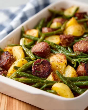 Delicious Sausage Potato Green Bean Casserole in a baking dish
