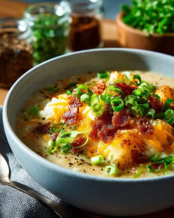 Delicious bowl of savory potato leek soup with fresh herbs