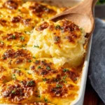 Delicious scalloped cheesy potatoes topped with melted cheese and crispy edges.