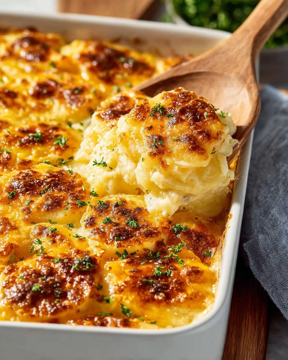 Delicious scalloped cheesy potatoes topped with melted cheese and crispy edges.