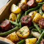 Sheet pan sausage with potatoes and green beans cooked on a baking tray.