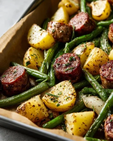 Sheet pan sausage with potatoes and green beans cooked on a baking tray.