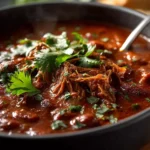 Delicious shredded beef chili served in a bowl with toppings