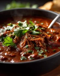 Delicious shredded beef chili served in a bowl with toppings