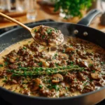 Bowl of simple and delicious ground beef stroganoff served with noodles