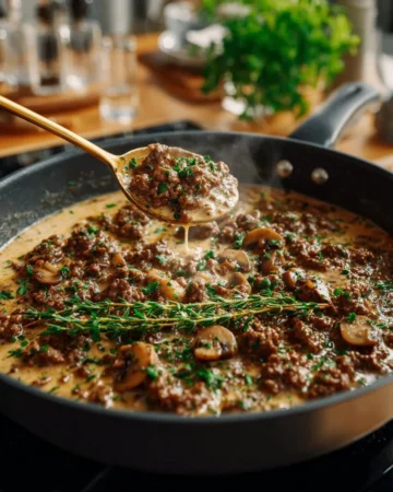 Bowl of simple and delicious ground beef stroganoff served with noodles
