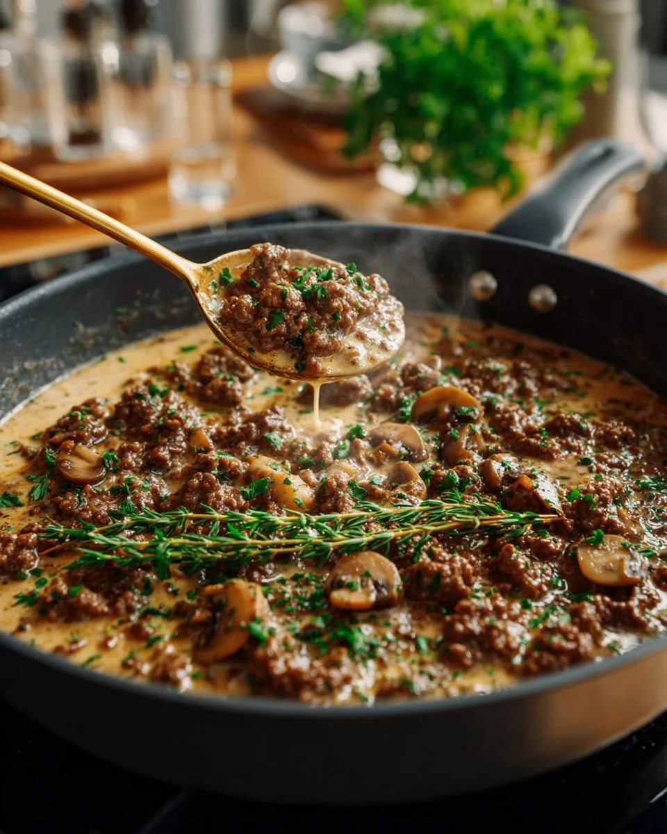 Bowl of simple and delicious ground beef stroganoff served with noodles