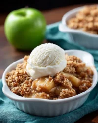 Delicious slow cooker apple crisp topped with oats and cinnamon