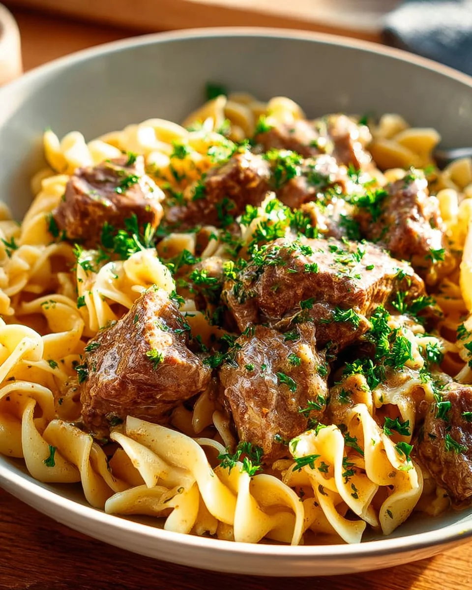 Delicious slow cooker beef stroganoff served over pasta with fresh herbs
