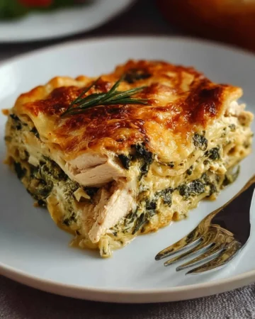 Slow cooker chicken spinach lasagna with layers of cheese and spinach.