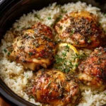 Slow Cooker Lemon Herb Chicken served with rice in a bowl