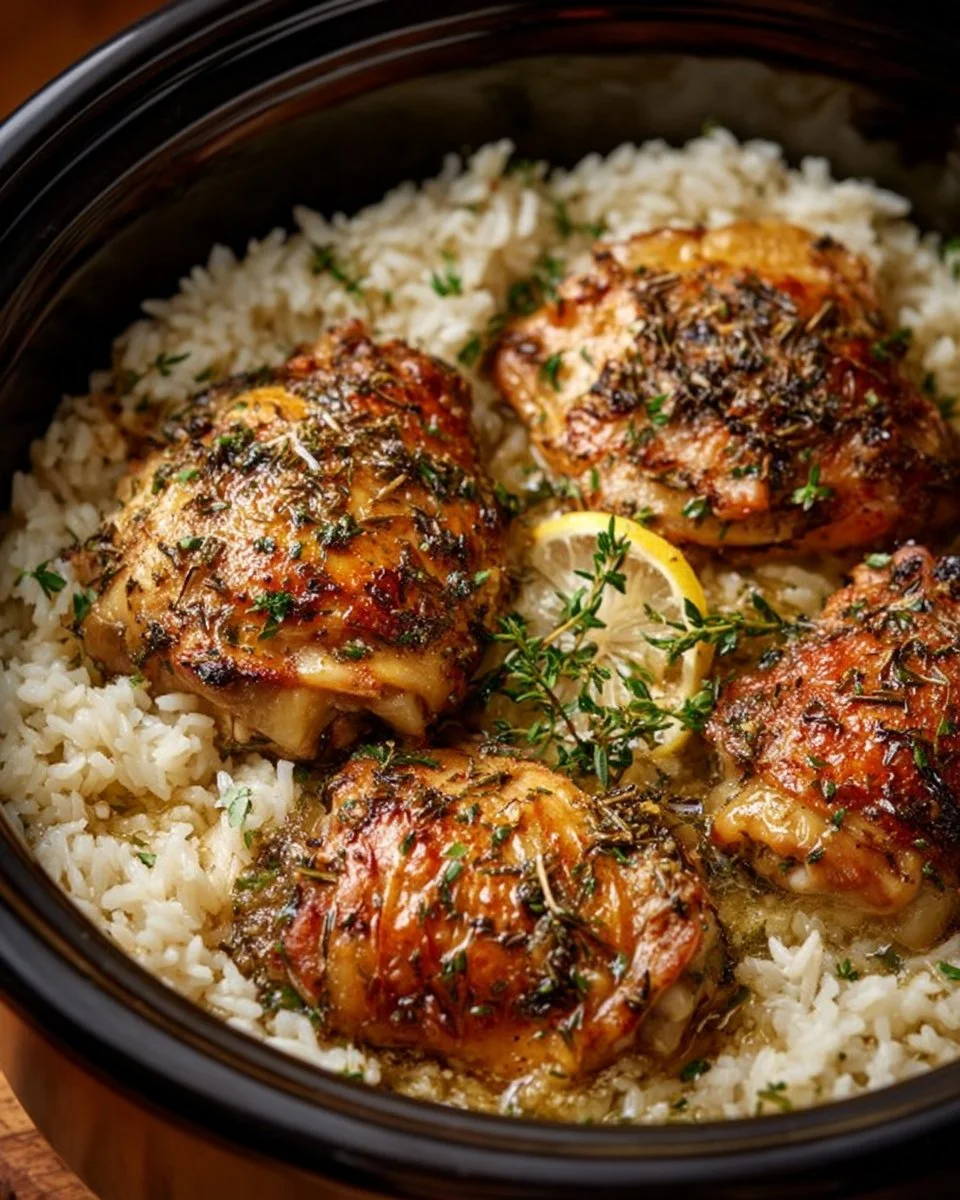 Slow Cooker Lemon Herb Chicken served with rice in a bowl