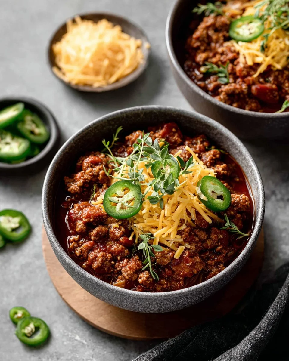 Bowl of spicy beef chili garnished with fresh cilantro and peppers