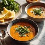 Bowl of spicy lentil soup garnished with herbs and spices, delicious and nutritious
