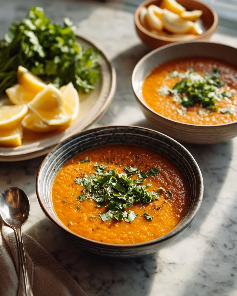 Bowl of spicy lentil soup garnished with herbs and spices, delicious and nutritious
