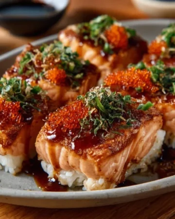 Spicy salmon sushi bake served with toppings and garnished with herbs