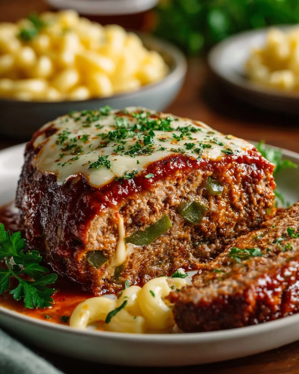 Delicious stuffed Italian meatloaf served on a plate