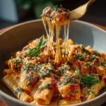 A delicious bowl of Tomato Garlic Pasta garnished with fresh basil and parmesan.