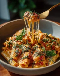 A delicious bowl of Tomato Garlic Pasta garnished with fresh basil and parmesan.