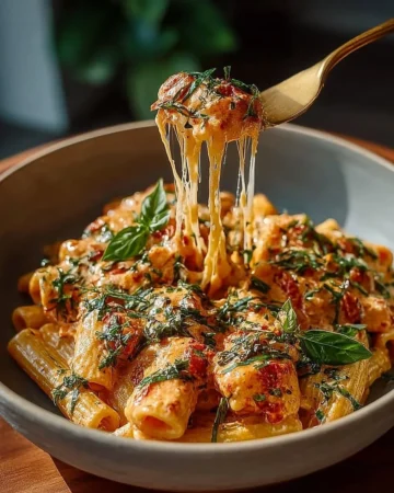 A delicious bowl of Tomato Garlic Pasta garnished with fresh basil and parmesan.