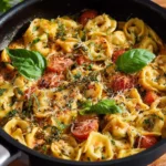 Pasta dish of tortellini served in creamy tomato sauce, garnished with herbs.