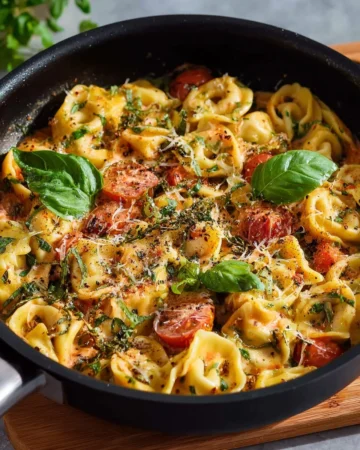 Pasta dish of tortellini served in creamy tomato sauce, garnished with herbs.