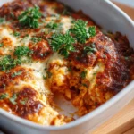 Vegetarian Pizza Casserole with white beans and rice served in a baking dish