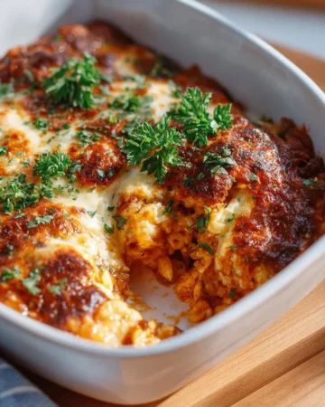 Vegetarian Pizza Casserole with white beans and rice served in a baking dish