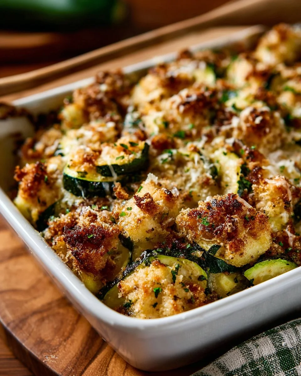 Delicious zucchini casserole side dish with cheese and herbs.