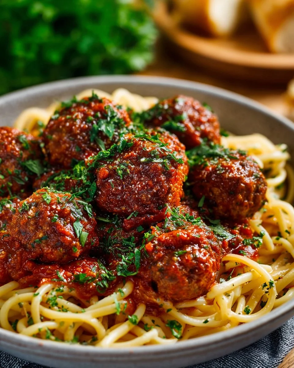 Plate of authentic Italian meatballs served with marinara sauce and herbs