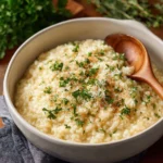 Baked cheese risotto served in a bowl, garnished with herbs and cheese.