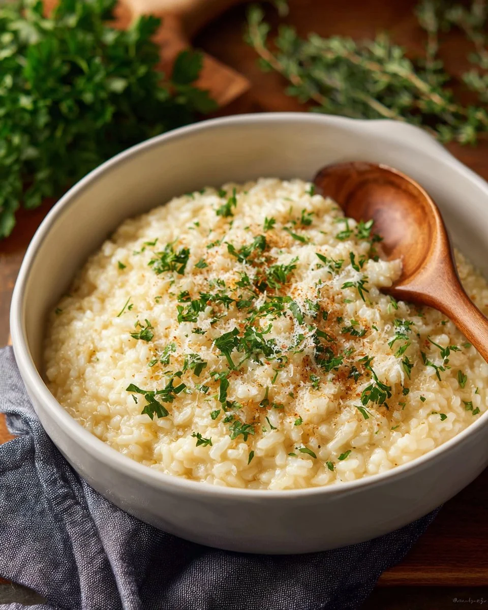 Baked cheese risotto served in a bowl, garnished with herbs and cheese.