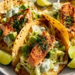 Delicious baked salmon tacos served with fresh toppings and lime wedges.