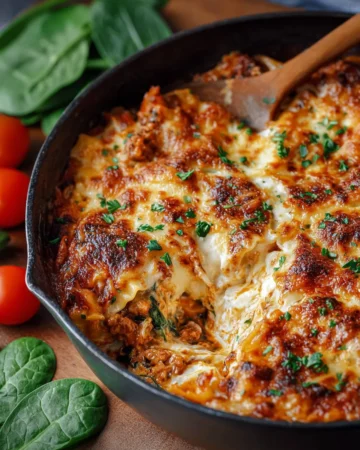 Baked tortellini casserole topped with melted cheese in a baking dish.