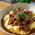 Delicious homemade beef gravy poured over tender meat and mashed potatoes.