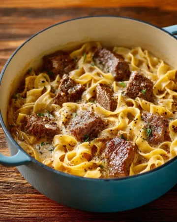 Delicious bowl of Beef Stroganoff Soup with mushrooms and noodles.