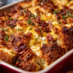 Delicious breakfast casserole with bacon served on a plate