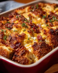 Delicious breakfast casserole with bacon served on a plate