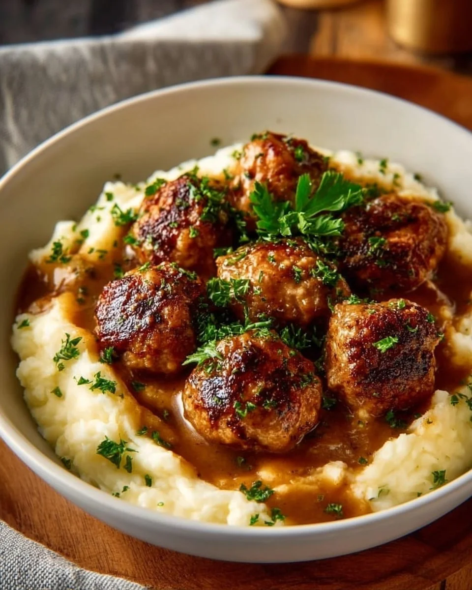 Delicious homemade brown gravy poured over mashed potatoes