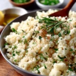 Bowl of cauliflower rice topped with fresh vegetables and herbs