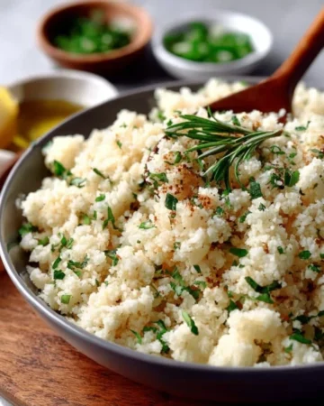 Bowl of cauliflower rice topped with fresh vegetables and herbs