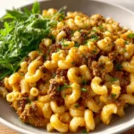 Delicious homemade Cheeseburger Macaroni served with melted cheese and ground beef.