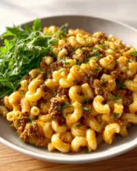Delicious homemade Cheeseburger Macaroni served with melted cheese and ground beef.