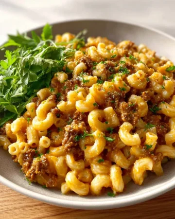 Delicious homemade Cheeseburger Macaroni served with melted cheese and ground beef.