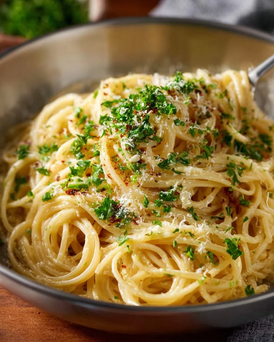 Delicious cheesy garlic pasta served in a bowl with herbs on top.