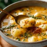 Bowl of creamy cheesy potato soup garnished with herbs