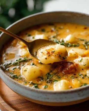 Bowl of creamy cheesy potato soup garnished with herbs