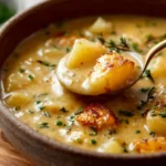 Bowl of creamy cheesy potato soup topped with cheddar cheese and chives